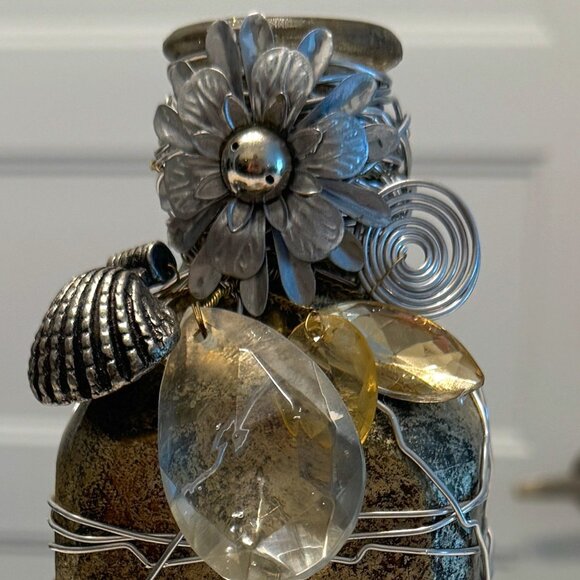 PIER 1 Wire Wrapped Decorative Bottle Vase Gold and Silver Tones Metal Flowers - Picture 8 of 8